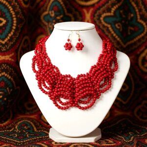 Red Glass  Faux Pearl Necklace Earring Set